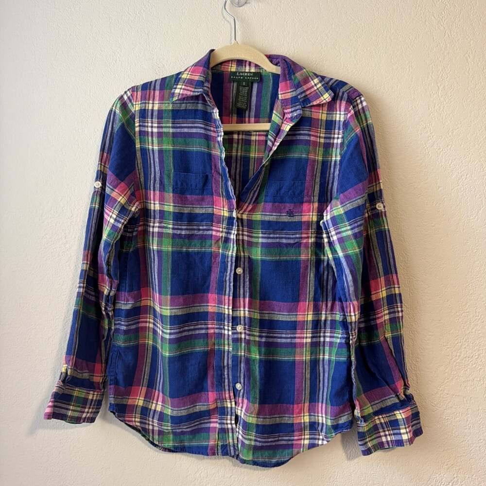 Lauren Ralph Lauren Blue Plaid Button-Down Shirt with Pink and Green Accents